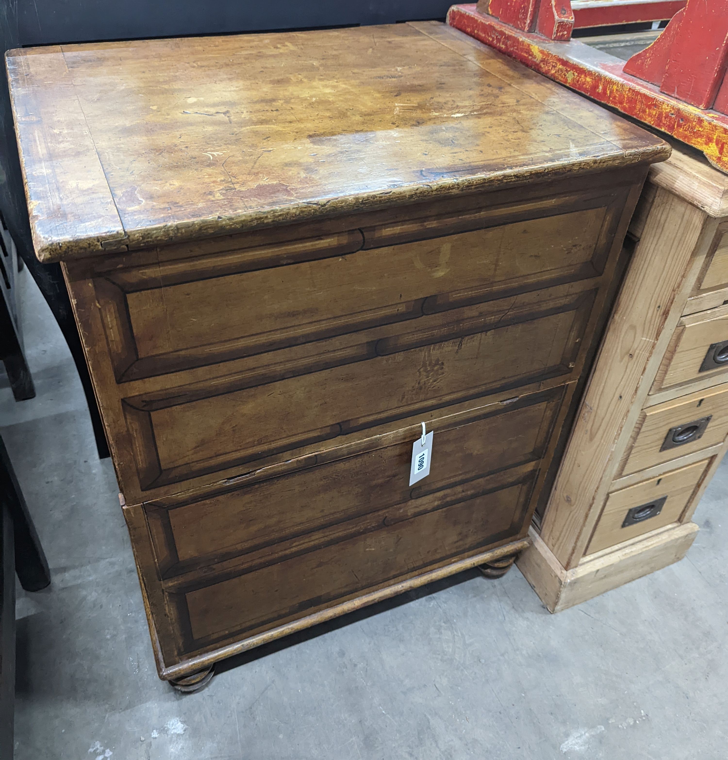 A 19th century painted pine hinged top commode, width 61cm, depth 50cm, height 77cm